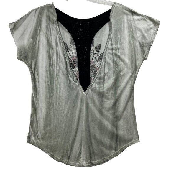 Vocal California Women L Embellished Feather Graphic Tee Racerback Moto USA Made - Picture 2 of 12